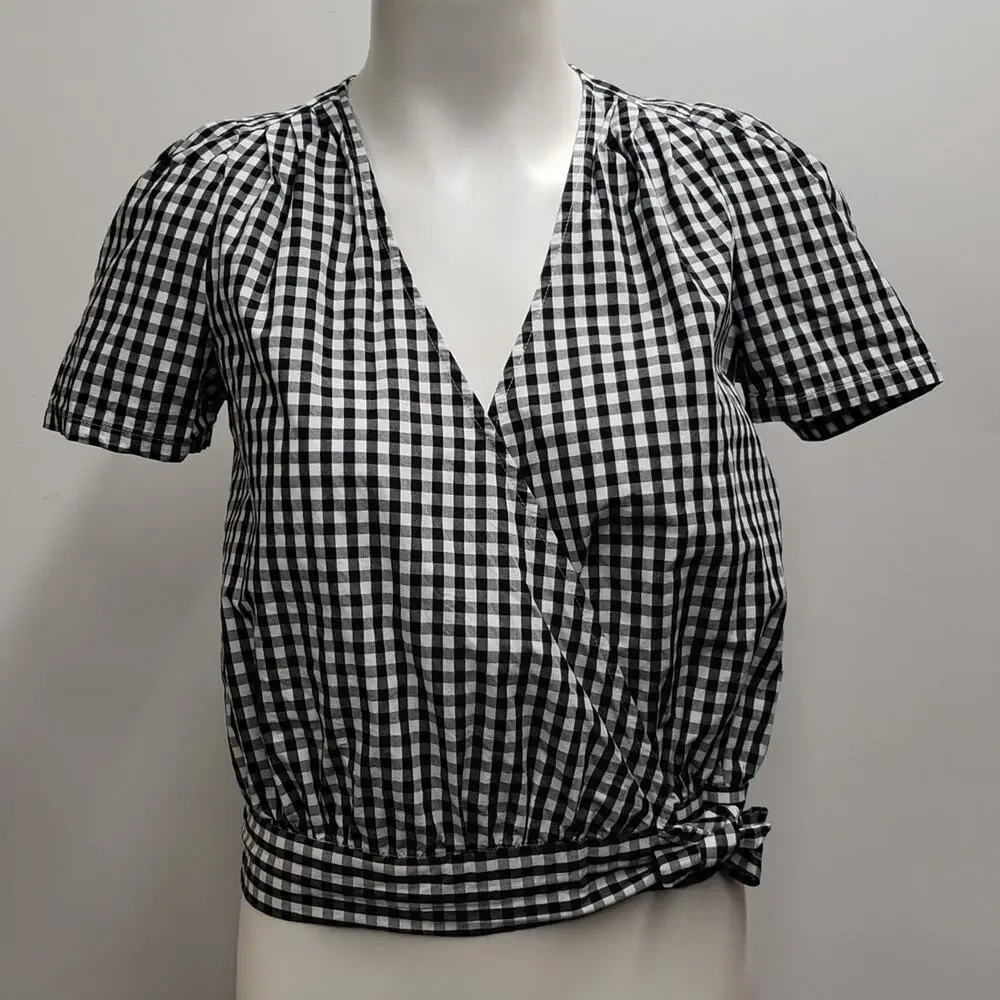 Madewell Gingham Wrap Top Checkered Short Sleeve Puff Cotton XS Summer Vacation